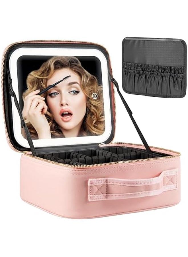 Makeup Bag with Mirror and Light 3 Colors,Travel Makeup Train Case Cosmetic Organizer,Portable Artist Storage Bag with Adjustable Dividers Makeup Brushes Storage Organizer,Gift for Women
