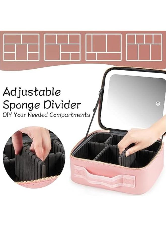 Makeup Bag with Mirror and Light 3 Colors,Travel Makeup Train Case Cosmetic Organizer,Portable Artist Storage Bag with Adjustable Dividers Makeup Brushes Storage Organizer,Gift for Women