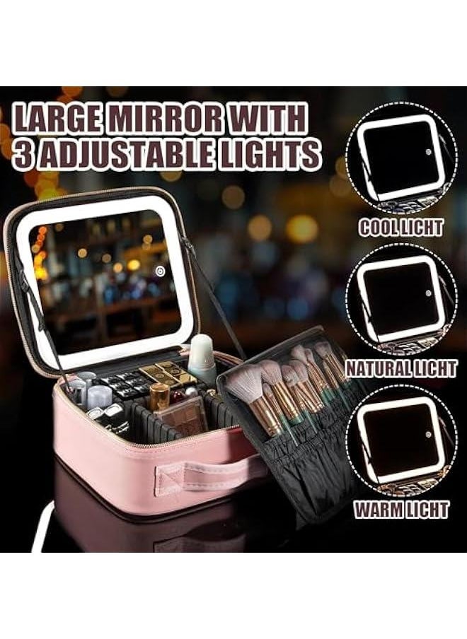 Makeup Bag with Mirror and Light 3 Colors,Travel Makeup Train Case Cosmetic Organizer,Portable Artist Storage Bag with Adjustable Dividers Makeup Brushes Storage Organizer,Gift for Women