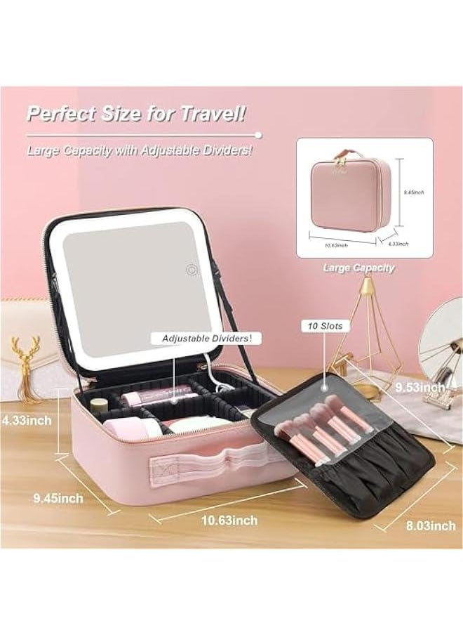 Makeup Bag with Mirror and Light 3 Colors,Travel Makeup Train Case Cosmetic Organizer,Portable Artist Storage Bag with Adjustable Dividers Makeup Brushes Storage Organizer,Gift for Women