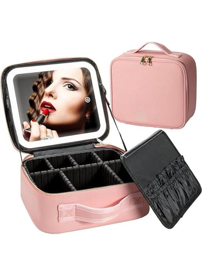 Makeup Bag with Mirror of LED Lighted, Travel Makeup Train Case Cosmetic Bag Organizer with Mirror and Lights, Make up Bag with Light up Mirror Adjustable Divider Brush Board (Pink)