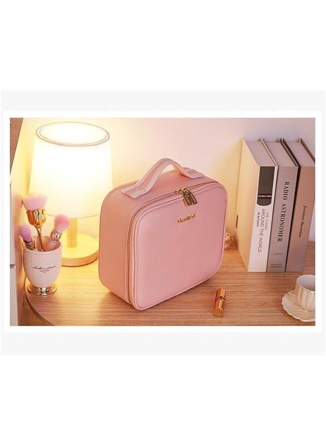 Makeup Bag with Mirror of LED Lighted, Travel Makeup Train Case Cosmetic Bag Organizer with Mirror and Lights, Make up Bag with Light up Mirror Adjustable Divider Brush Board (Pink)