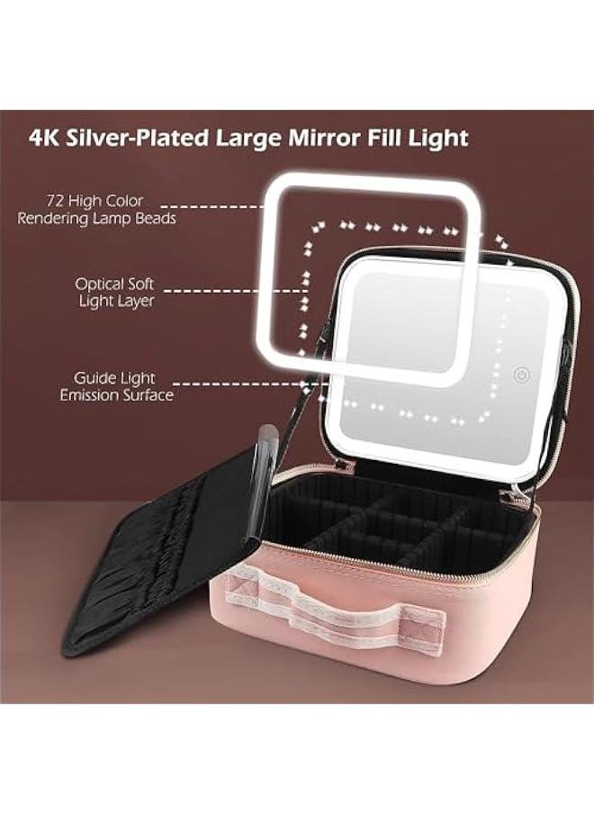 Makeup Bag with Mirror of LED Lighted, Travel Makeup Train Case Cosmetic Bag Organizer with Mirror and Lights, Make up Bag with Light up Mirror Adjustable Divider Brush Board (Pink)