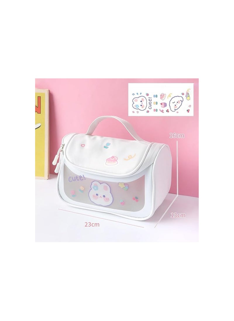 Wolpin Travel Cosmetic Bag Toiletry Vanity Large Makeup Kit Storage Organizer Grooming Make Up Bag Toiletries Bag Washbag, with Bear Cute Sticker White, 1 Travel Cosmetic Bag Pouch