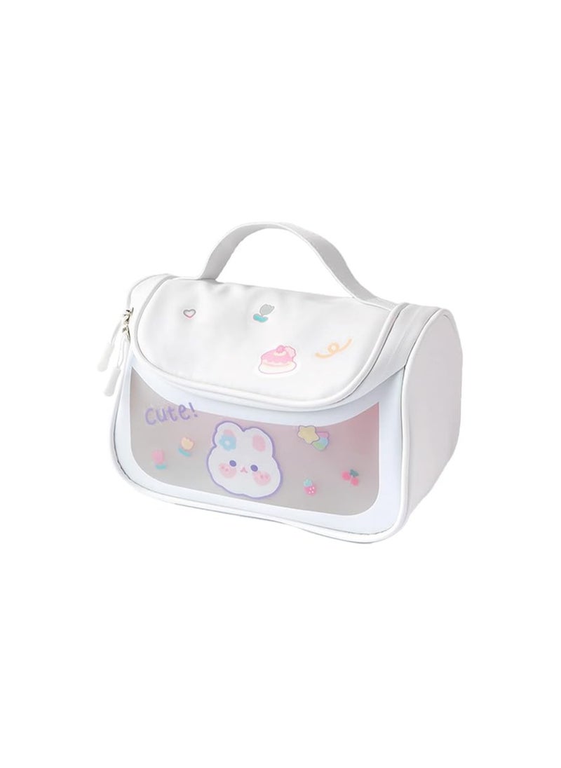 Wolpin Travel Cosmetic Bag Toiletry Vanity Large Makeup Kit Storage Organizer Grooming Make Up Bag Toiletries Bag Washbag, with Bear Cute Sticker White, 1 Travel Cosmetic Bag Pouch