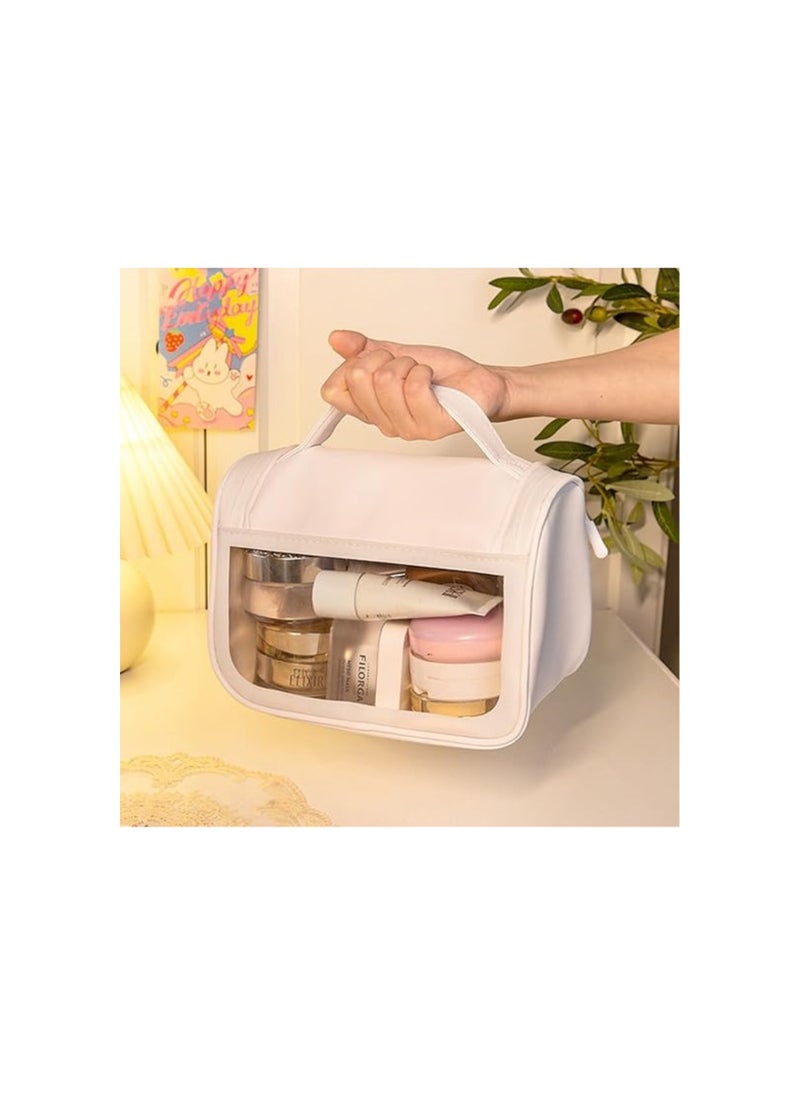 Wolpin Travel Cosmetic Bag Toiletry Vanity Large Makeup Kit Storage Organizer Grooming Make Up Bag Toiletries Bag Washbag, with Bear Cute Sticker White, 1 Travel Cosmetic Bag Pouch