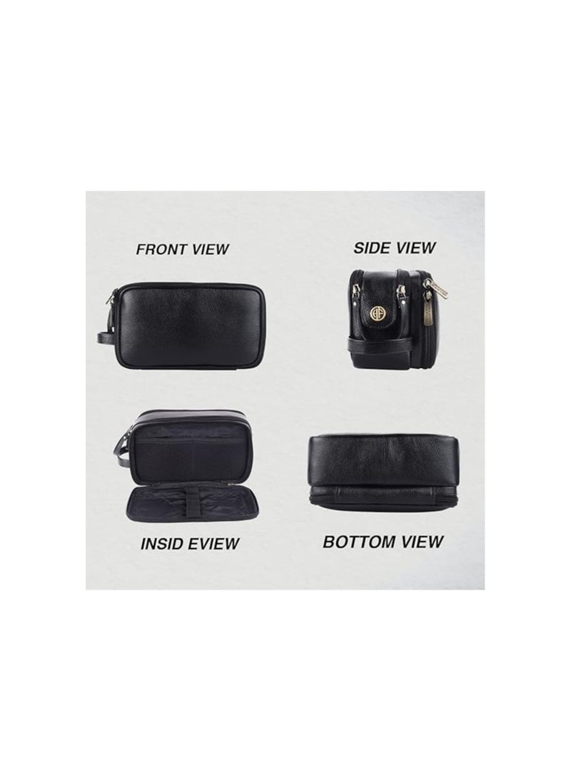 HAMMONDS FLYCATCHER Genuine Leather Toiletry Bag For Men And Women - Travel Organizer With Multiple Compartments, Black Kit Bag For Shaving, Toiletries, And Grooming - Shaving Kit Bag For Men, 13.5 Cm