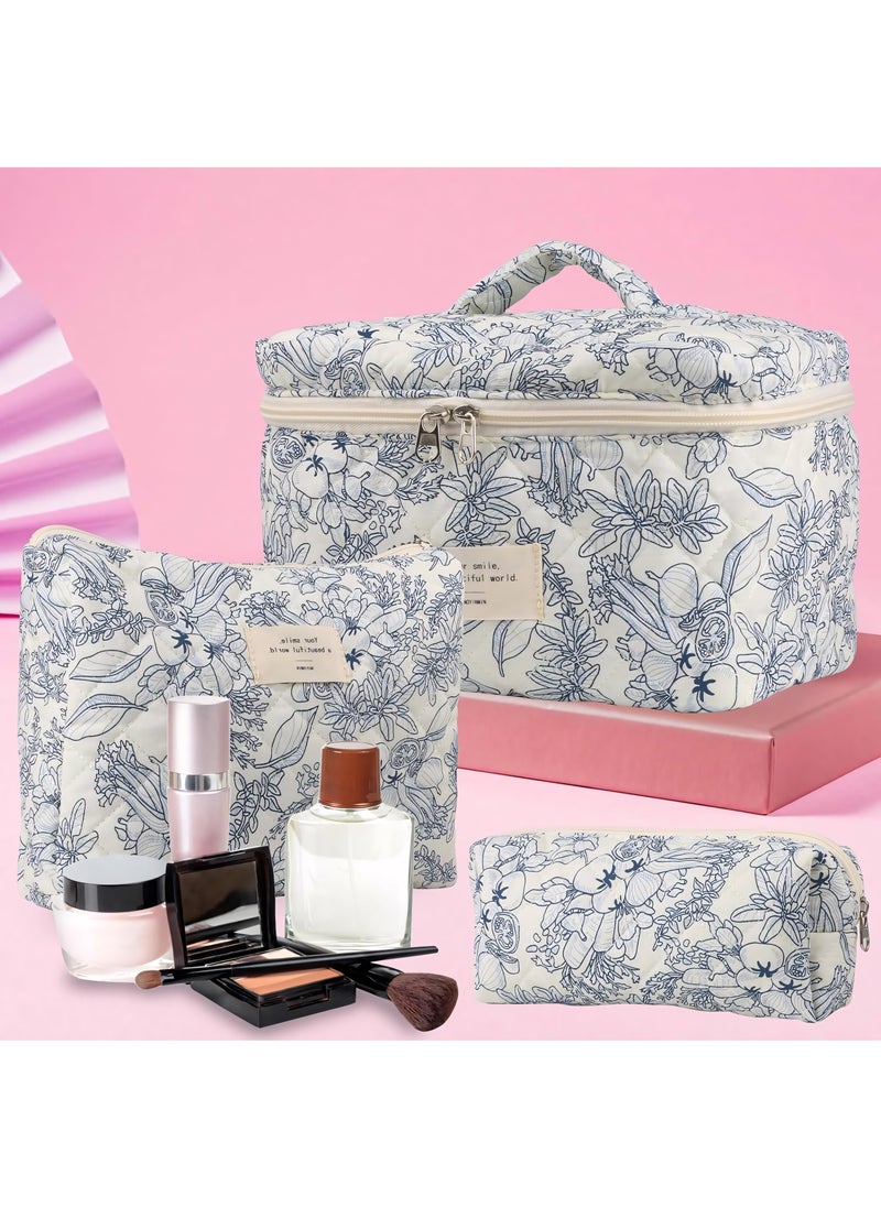 3-Piece Makeup Bag Set, Cotton Quilted Makeup Bag, Large Floral Travel Cosmetic Bag for Women, Aesthetic Toiletry Bag for Women Girls