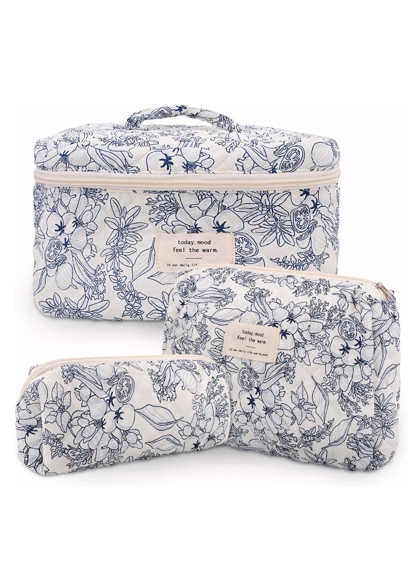 3-Piece Makeup Bag Set, Cotton Quilted Makeup Bag, Large Floral Travel Cosmetic Bag for Women, Aesthetic Toiletry Bag for Women Girls