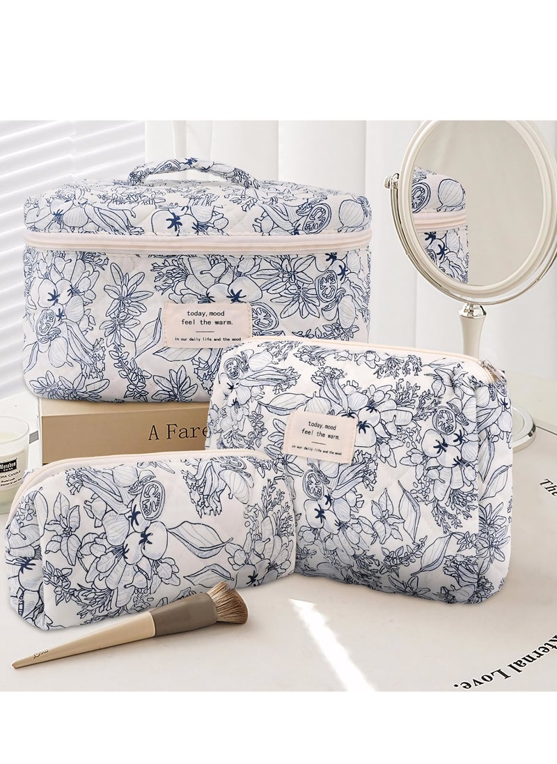 3-Piece Makeup Bag Set, Cotton Quilted Makeup Bag, Large Floral Travel Cosmetic Bag for Women, Aesthetic Toiletry Bag for Women Girls