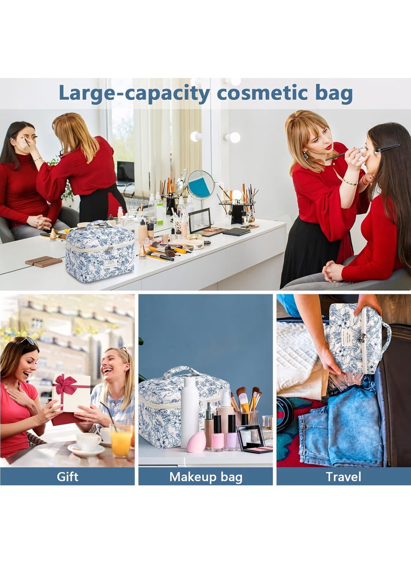 3-Piece Makeup Bag Set, Cotton Quilted Makeup Bag, Large Floral Travel Cosmetic Bag for Women, Aesthetic Toiletry Bag for Women Girls