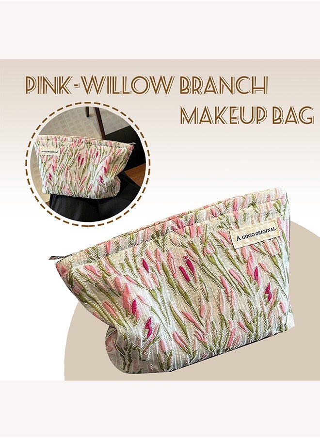 Make Up Bag, Zipper Cosmetic Bag,Portable Toiletry Organizer Bag For Women, Large Capacity Pouch Storage Bags For Travel,Makeup Case Organizer,Canvas Flowers Skincare Pouch Bag (Pink-willow branch)