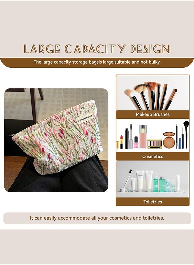 Make Up Bag, Zipper Cosmetic Bag,Portable Toiletry Organizer Bag For Women, Large Capacity Pouch Storage Bags For Travel,Makeup Case Organizer,Canvas Flowers Skincare Pouch Bag (Pink-willow branch)