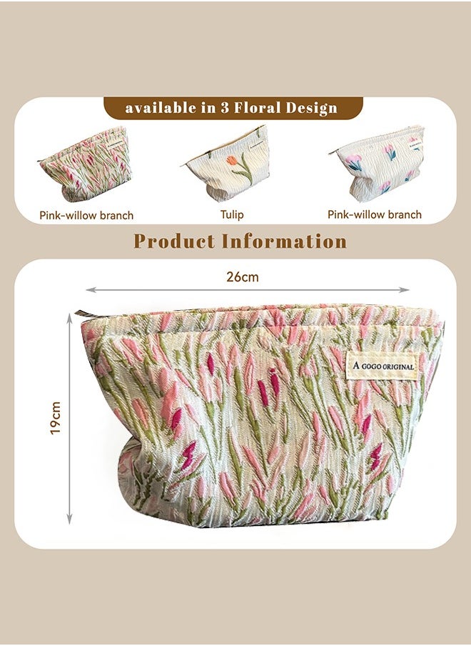 Make Up Bag, Zipper Cosmetic Bag,Portable Toiletry Organizer Bag For Women, Large Capacity Pouch Storage Bags For Travel,Makeup Case Organizer,Canvas Flowers Skincare Pouch Bag (Pink-willow branch)