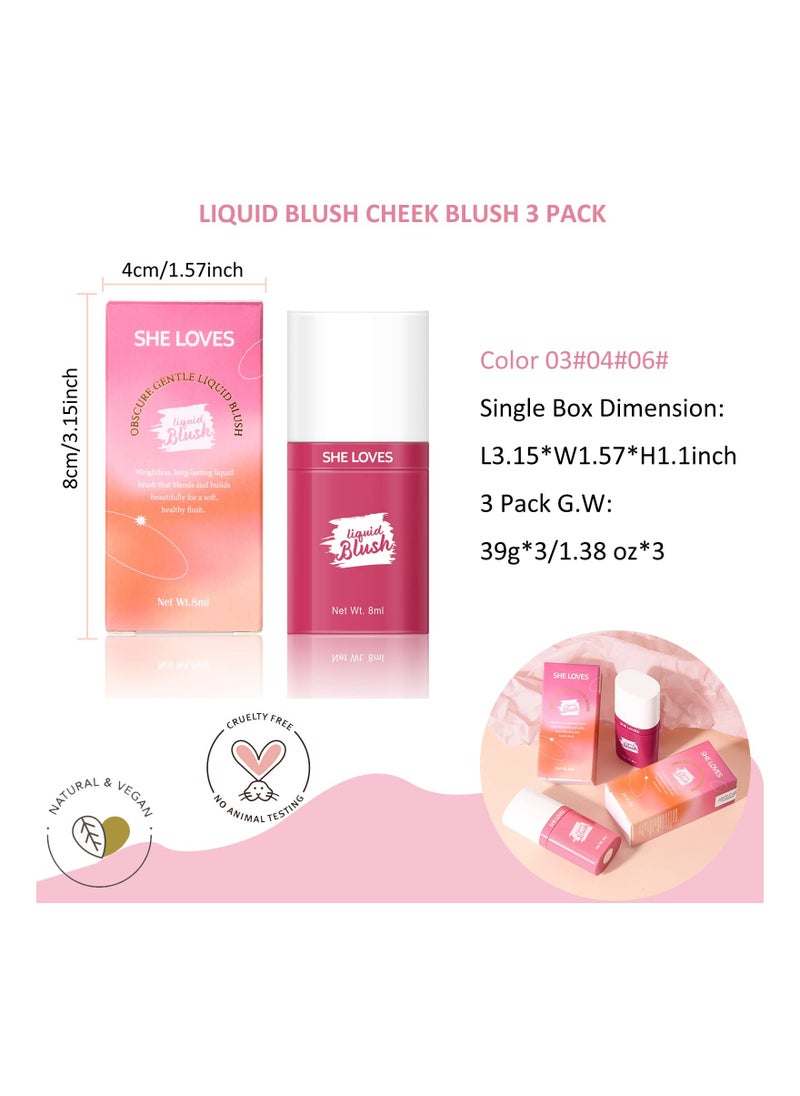 Liquid Blush Set, Natural Looking Makeup Breathable Blush Sheer Flush of Color Long-Wearing Blush Dewy Finish Blush Blush Stick Cream Blus for Cheek, Long-Wearing 0.81 Fl Oz (03#04#06#)