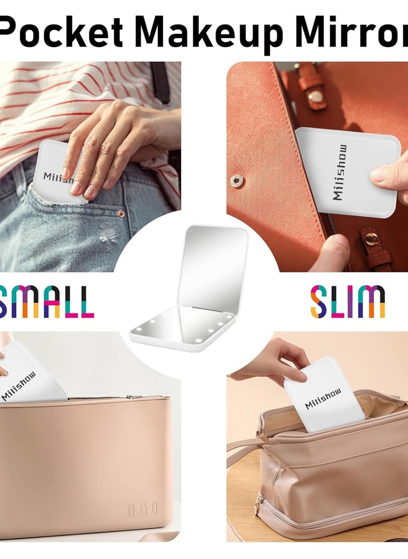 Milishow Compact Mirror, 1x/3x Magnifying LED Pocket Mirror, Small Lighted Travel Makeup Mirror for Purse, Handbag, Folding, Handheld, 2-Sided Mini Mirror with Lights for Women (White 1pack)