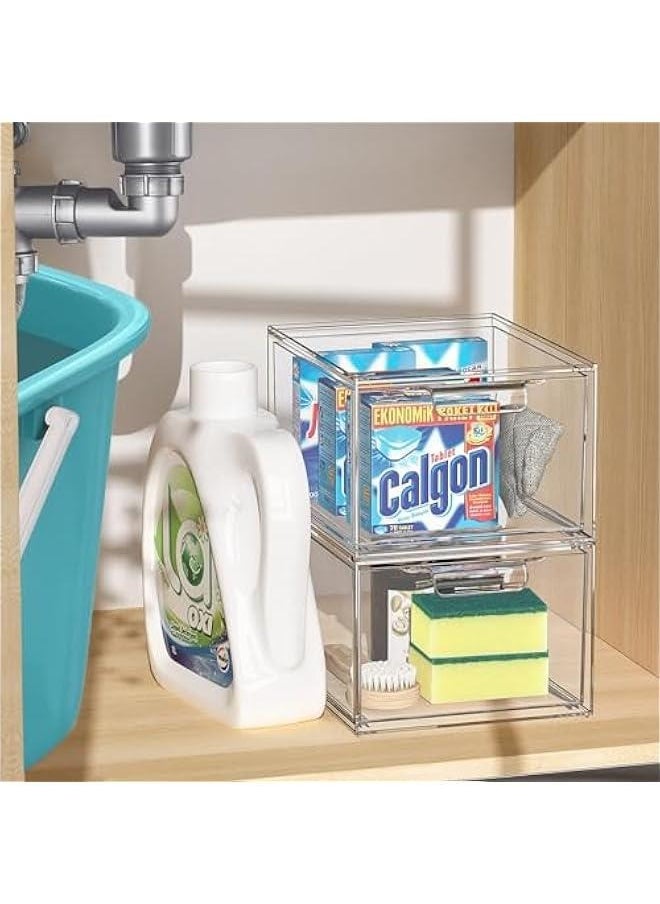2 Pack Stackable Makeup Organizer Storage Drawers, 4.4 Tall Acrylic Bathroom Organizers，Clear Plastic Storage Bins For Vanity, Undersink, Kitchen Cabinets, Pantry Organization and Storage