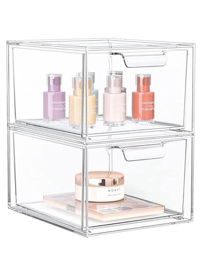 2 Pack Stackable Makeup Organizer Storage Drawers, 4.4 Tall Acrylic Bathroom Organizers，Clear Plastic Storage Bins For Vanity, Undersink, Kitchen Cabinets, Pantry Organization and Storage