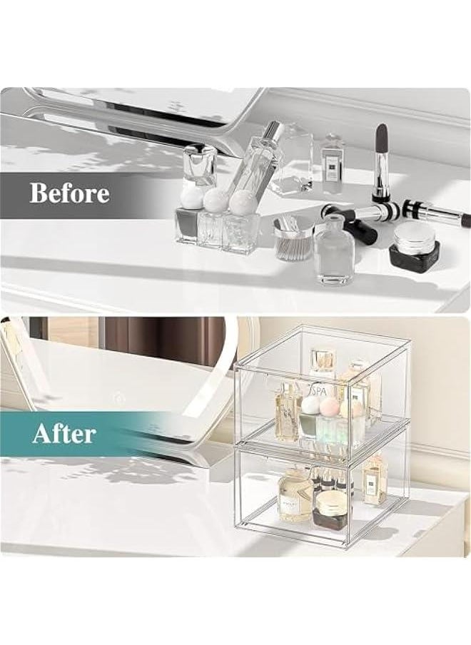 2 Pack Stackable Makeup Organizer Storage Drawers, 4.4 Tall Acrylic Bathroom Organizers，Clear Plastic Storage Bins For Vanity, Undersink, Kitchen Cabinets, Pantry Organization and Storage