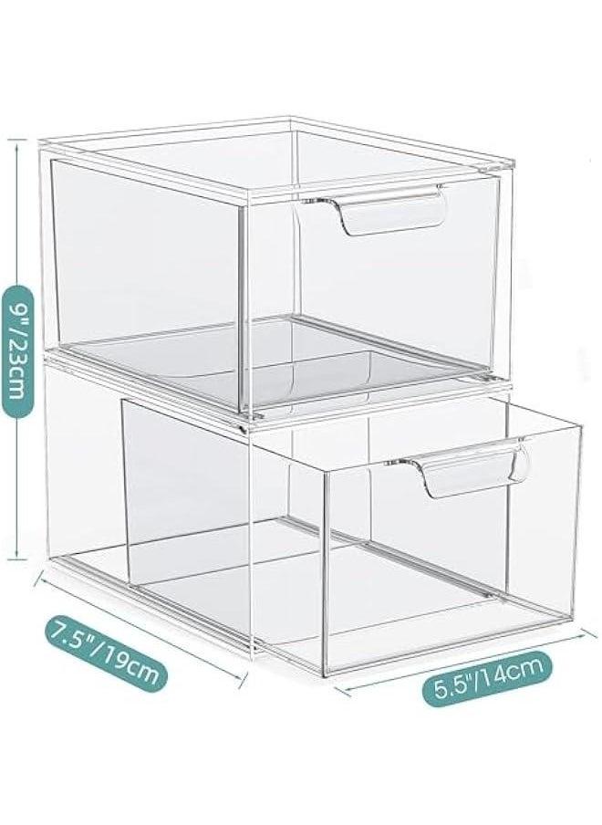 2 Pack Stackable Makeup Organizer Storage Drawers, 4.4 Tall Acrylic Bathroom Organizers，Clear Plastic Storage Bins For Vanity, Undersink, Kitchen Cabinets, Pantry Organization and Storage