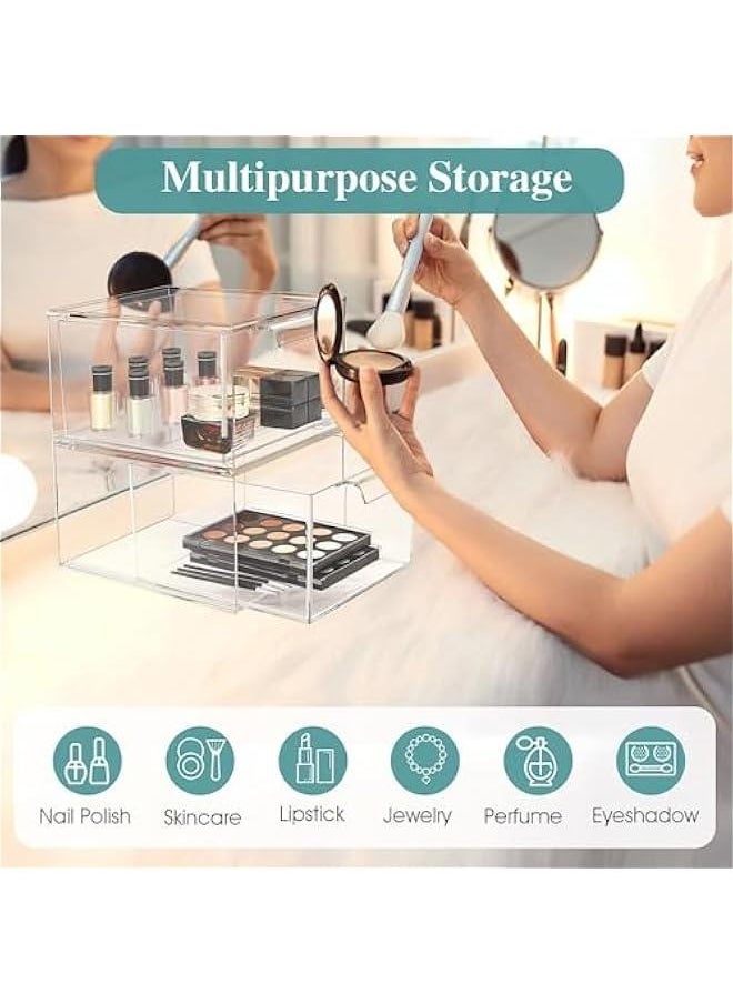 2 Pack Stackable Makeup Organizer Storage Drawers, 4.4 Tall Acrylic Bathroom Organizers，Clear Plastic Storage Bins For Vanity, Undersink, Kitchen Cabinets, Pantry Organization and Storage