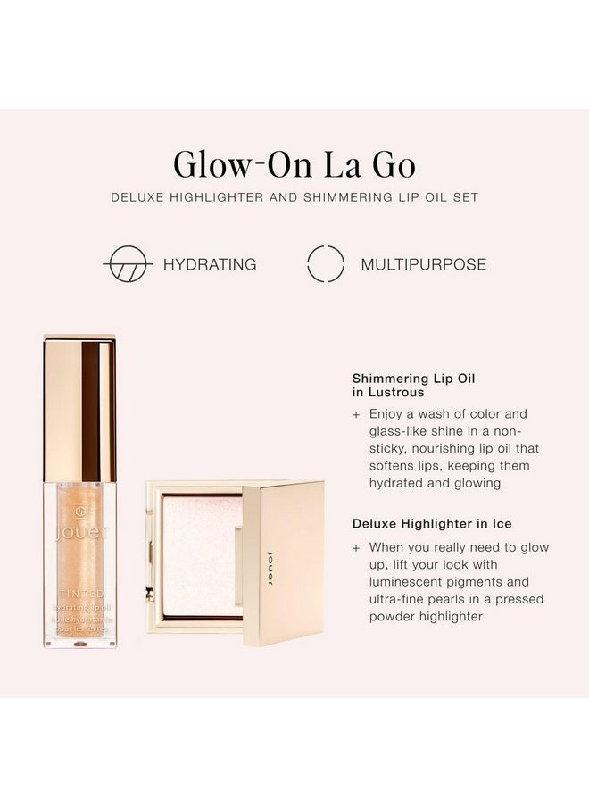 Glow On La Go Cheek & Lip Set - Deluxe Ice Highlighter + Diamond Shimmering Tinted Lip Oil - Highlighter Powder For Face - Luminizing Powder & Shimmer Lip Oil