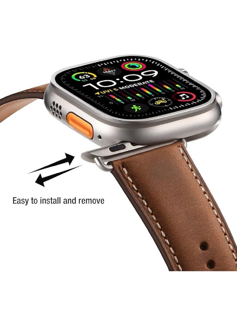 Leather Bands Compatible with Apple Watch Band 49mm 45mm 44mm 42mm for Men Women, Top Grain Genuine Leather Replacement Strap for iWatch Ultra SE2 SE Series 8 7 6 5 4 3 2 1(Brown)