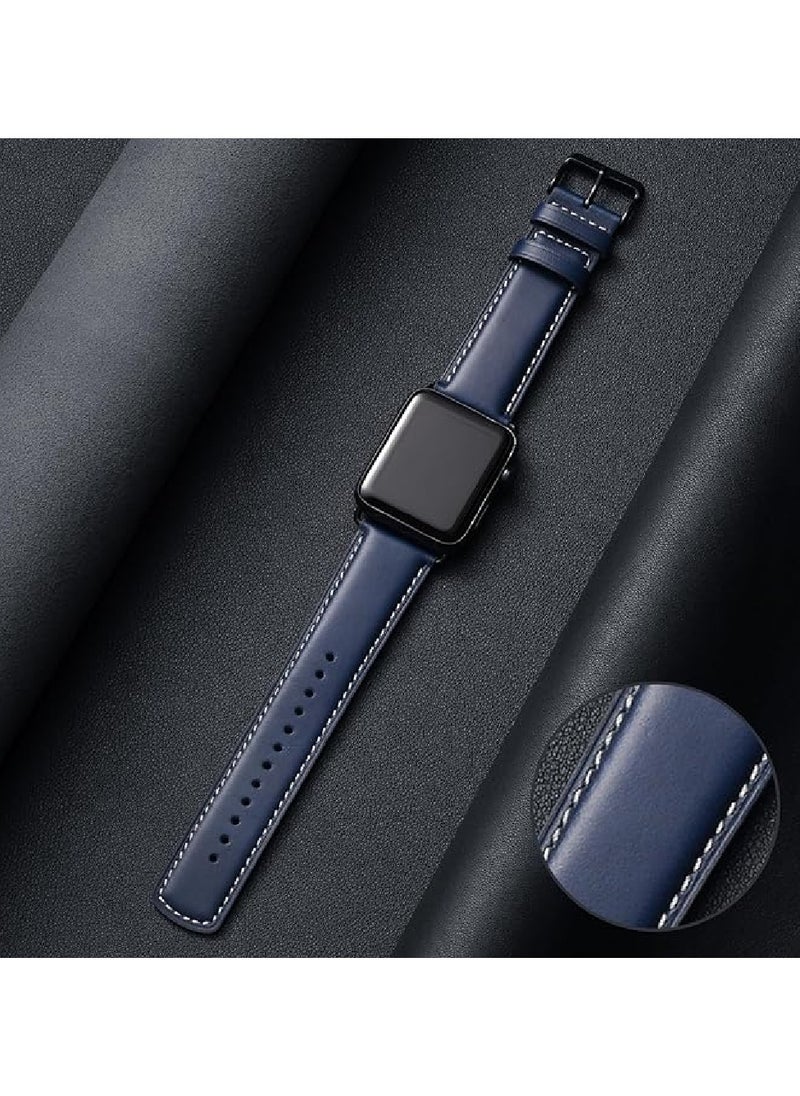Leather Bands Compatible with Apple Watch Band 49mm 45mm 44mm 42mm for Men Women, Top Grain Genuine Leather Replacement Strap for iWatch Ultra SE2 SE Series 8 7 6 5 4 3 2 1(Blue)