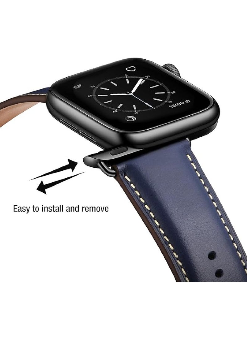 Leather Bands Compatible with Apple Watch Band 49mm 45mm 44mm 42mm for Men Women, Top Grain Genuine Leather Replacement Strap for iWatch Ultra SE2 SE Series 8 7 6 5 4 3 2 1(Blue)