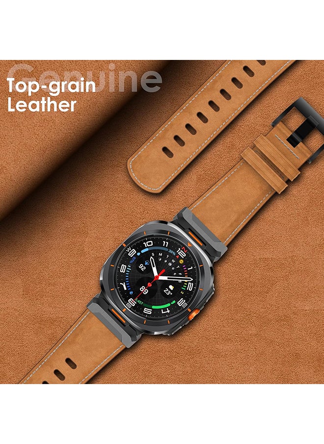 Leather Bands Compatible with Samsung Galaxy Watch 7 Ultra Bands 47mm, Sturdy Stainless Steel Metal Connector Strap for Samsung Watch Ultra 7 for Men Women - Brown