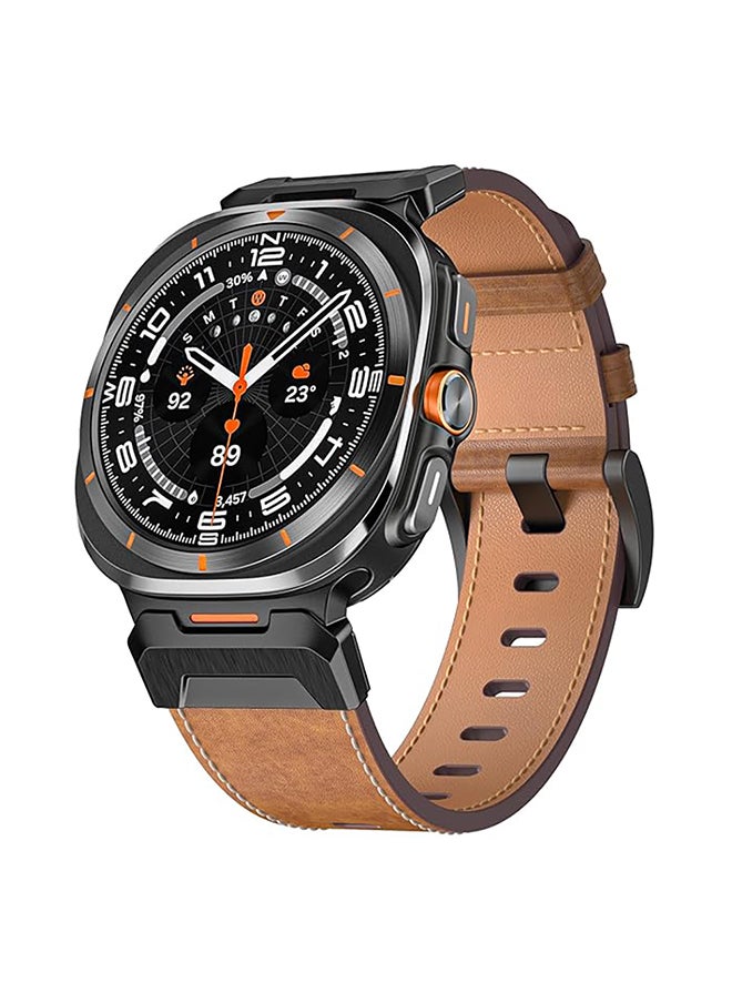 Leather Bands Compatible with Samsung Galaxy Watch 7 Ultra Bands 47mm, Sturdy Stainless Steel Metal Connector Strap for Samsung Watch Ultra 7 for Men Women - Brown