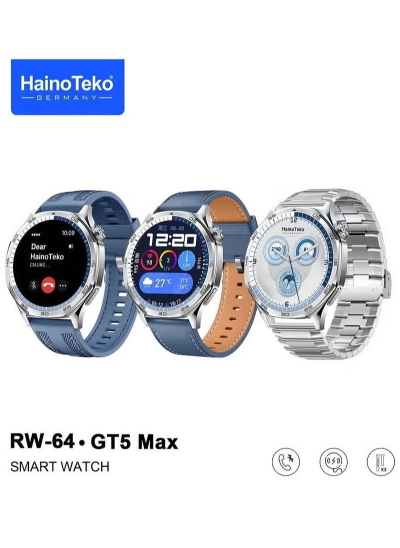 RW-64 GT5 Max Smartwatch – Large AMOLED Display, Voice Assistant, 3 Pair Straps for Men, Premium Design, Blue