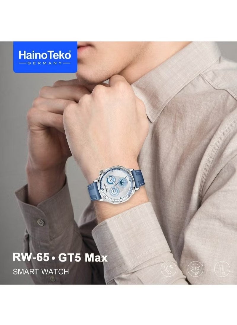 RW-64 GT5 Max Smartwatch – Large AMOLED Display, Voice Assistant, 3 Pair Straps for Men, Premium Design, Blue