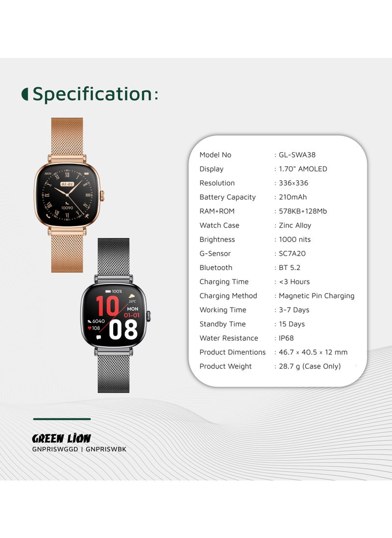 Princess Smart Watch with AMOLED Display and Extra Strap / Customizable Dials / Always-on display / Music Control / Raise Wrist Wake Screen / Volume Control / Remote Camera / Sleep Monitoring / GL-SWA38 - Glossy Black