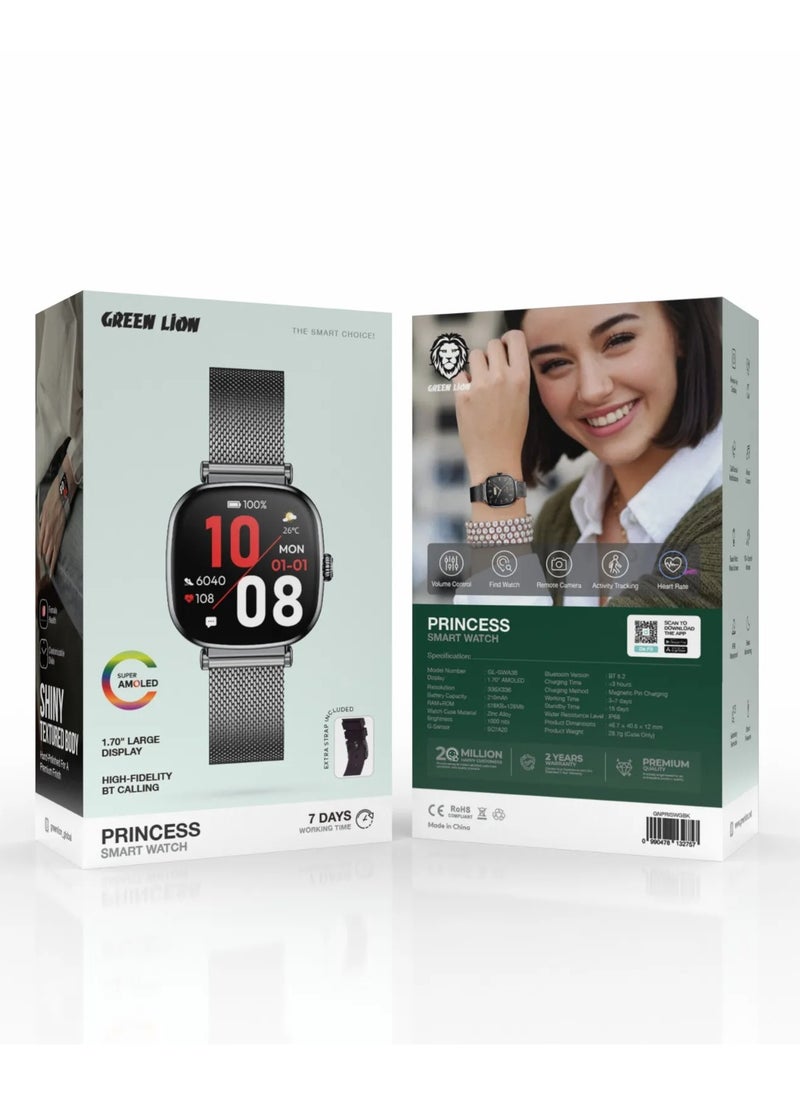 Princess Smart Watch with AMOLED Display and Extra Strap / Customizable Dials / Always-on display / Music Control / Raise Wrist Wake Screen / Volume Control / Remote Camera / Sleep Monitoring / GL-SWA38 - Glossy Black