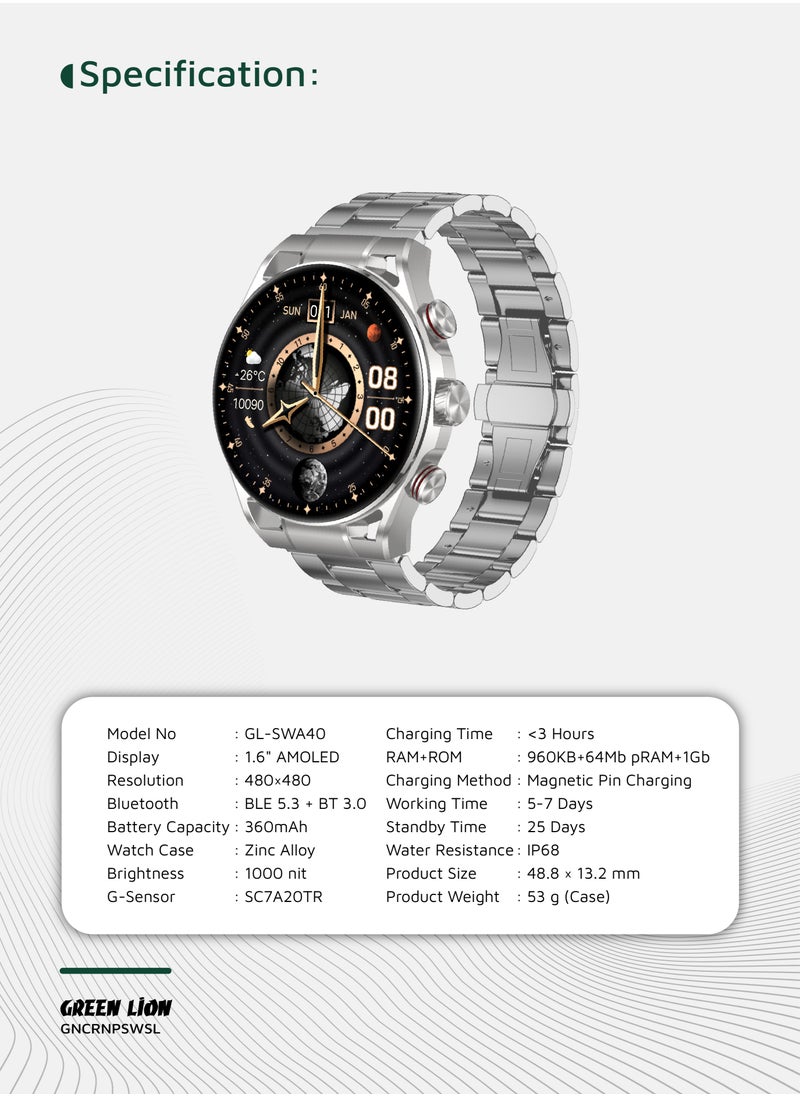 Chrono Pro Smart Watch with AMOLED Display and Hight-Fidelity BT Calling / 7 Days Working Time / Full-View Touch Display / Voice Recording / 100+ Sports Modes / Rotary Encoder Button / Pedometer - Silver