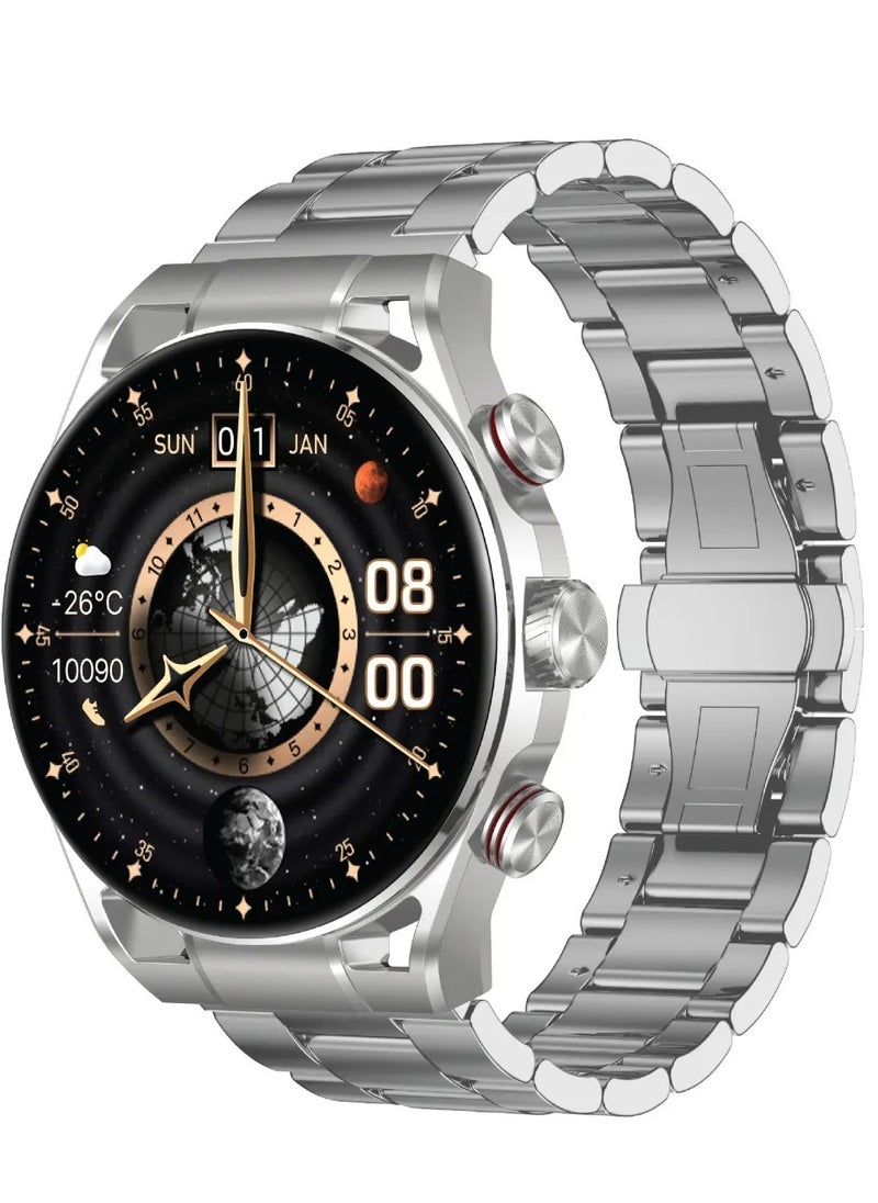Chrono Pro Smart Watch with AMOLED Display and Hight-Fidelity BT Calling / 7 Days Working Time / Full-View Touch Display / Voice Recording / 100+ Sports Modes / Rotary Encoder Button / Pedometer - Silver