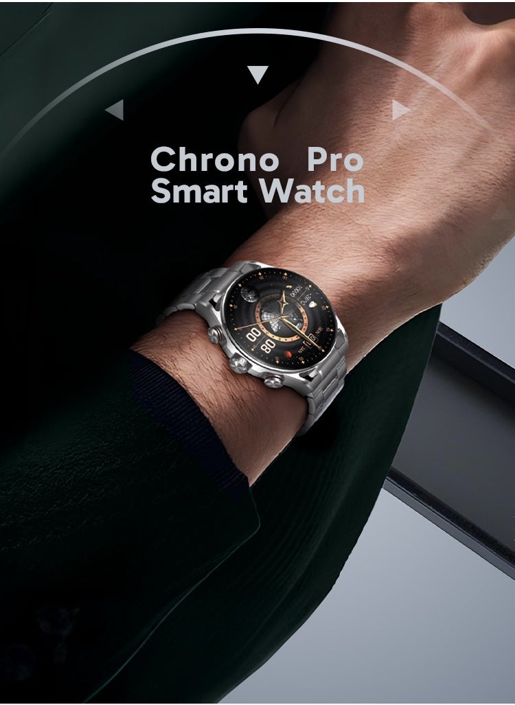 Chrono Pro Smart Watch with AMOLED Display and Hight-Fidelity BT Calling / 7 Days Working Time / Full-View Touch Display / Voice Recording / 100+ Sports Modes / Rotary Encoder Button / Pedometer - Silver