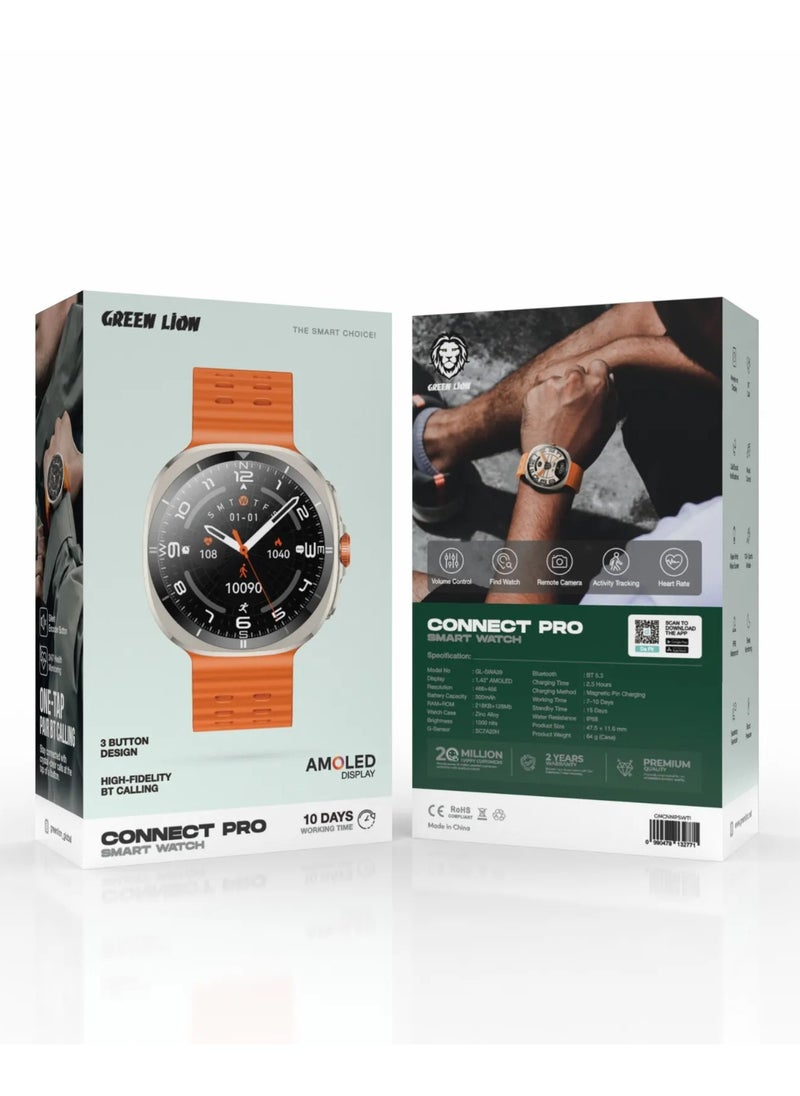 Smart Watch Connect Pro with AMOLED Display 1.43” and High-Fidelity BT Calling / Always-on Display / Call/social notifications / Music Control / Raise Wrist Wake screen / Sleep monitoring / Sedentary Reminder - Orange/Titanium Dial