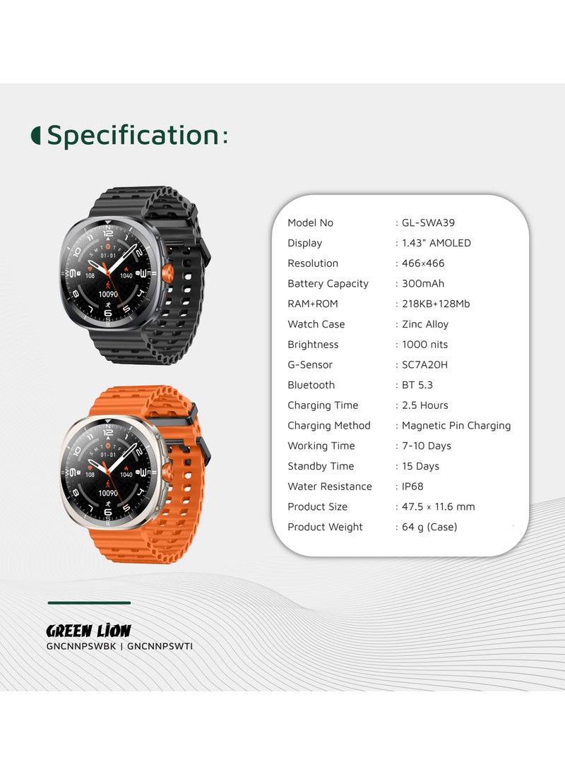 Smart Watch Connect Pro with AMOLED Display 1.43” and High-Fidelity BT Calling / Always-on Display / Call/social notifications / Music Control / Raise Wrist Wake screen / Sleep monitoring / Sedentary Reminder - Orange/Titanium Dial