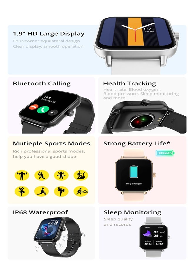 Men's Women's Smartwatch, 1.9 Inch HD Fitness Tracker, Support Answering/Making Calls, Heart Rate/Sleep Monitoring, Pedometer, Calories, 100+ Sports Modes, IP68 Waterproof Fitness Watch, Available for Android and iOS