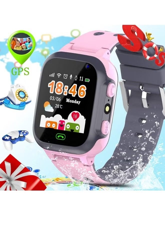 Kids Smart Watch With Calling Feature Support SIM Card Waterproof Watch Phone for Children Kid Student One Button Speed Dial Voice Call Chat HD Touch Screen Offers Security Positioning Watch Pink