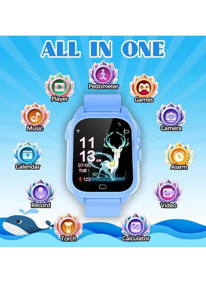 Smart Watch for Kids Waterproof Boys Girls Learning Toys Watches with 26 Puzzle Games Camera Video Music Player Pedometer HD Touchscreen Alarm Clock Flashlight Children Age 3-12 (3. Blue)