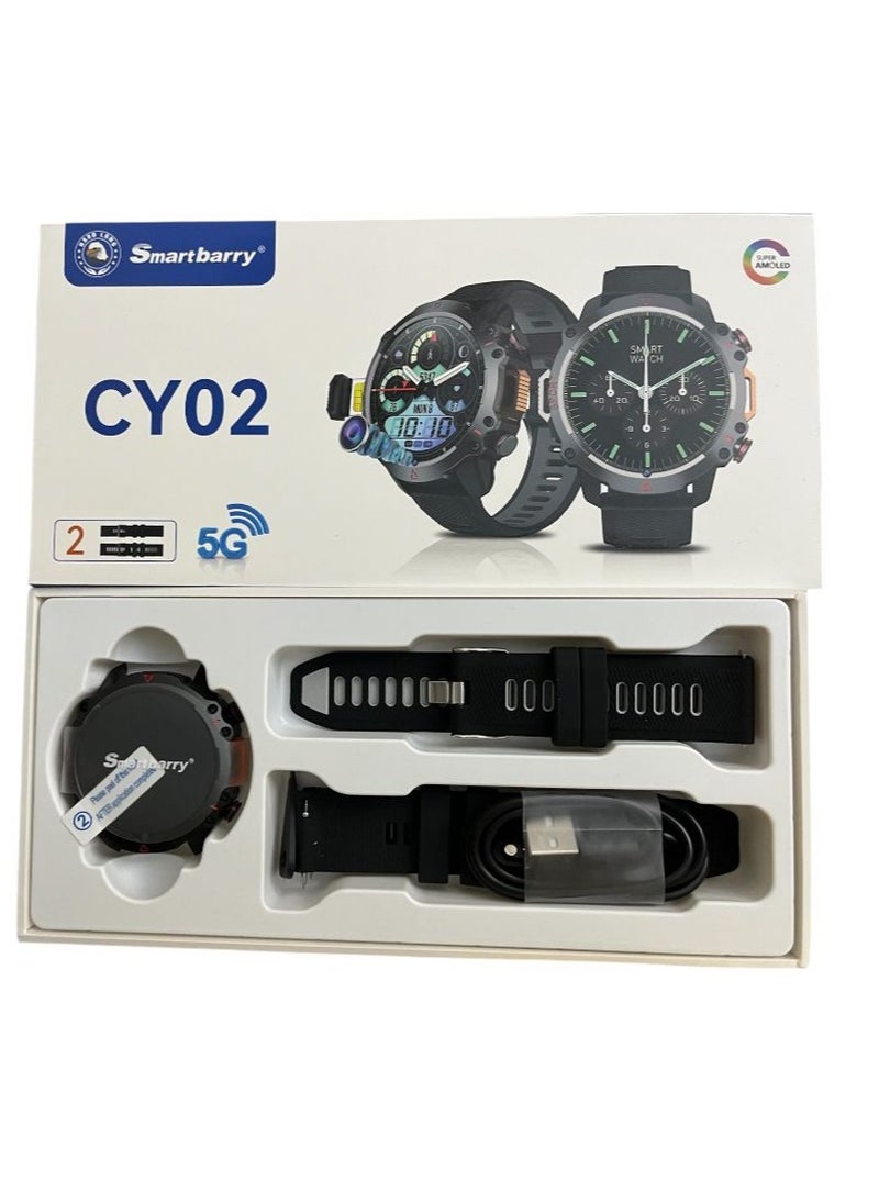 CY02 5G Round Shaped Android Smartwatch With Sim and 6Gb Ram 64Gb Rom camera 2 set Strap - BLACK