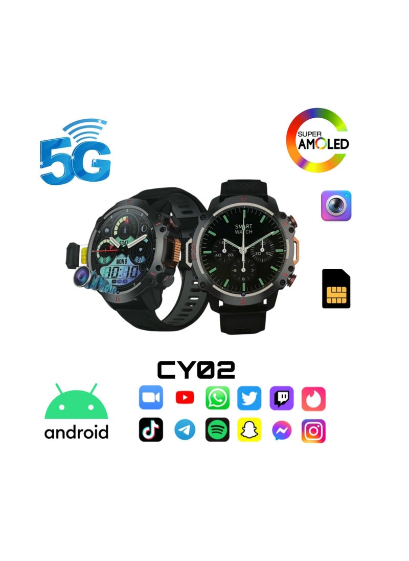 CY02 5G Round Shaped Android Smartwatch With Sim and 6Gb Ram 64Gb Rom camera 2 set Strap - BLACK