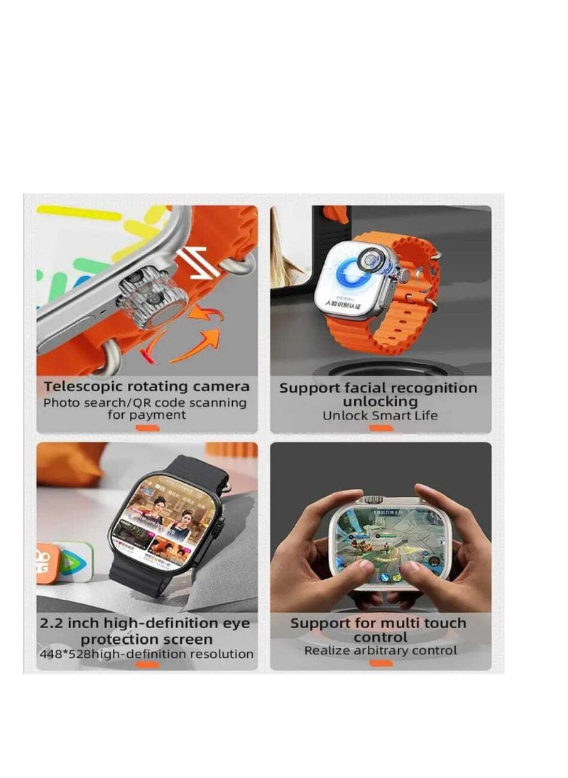 C96 Ultra Android Smartwatch With Sim and 6Gb Ram 64Gb Rom Rotating camera 2 set Strap - BLACK