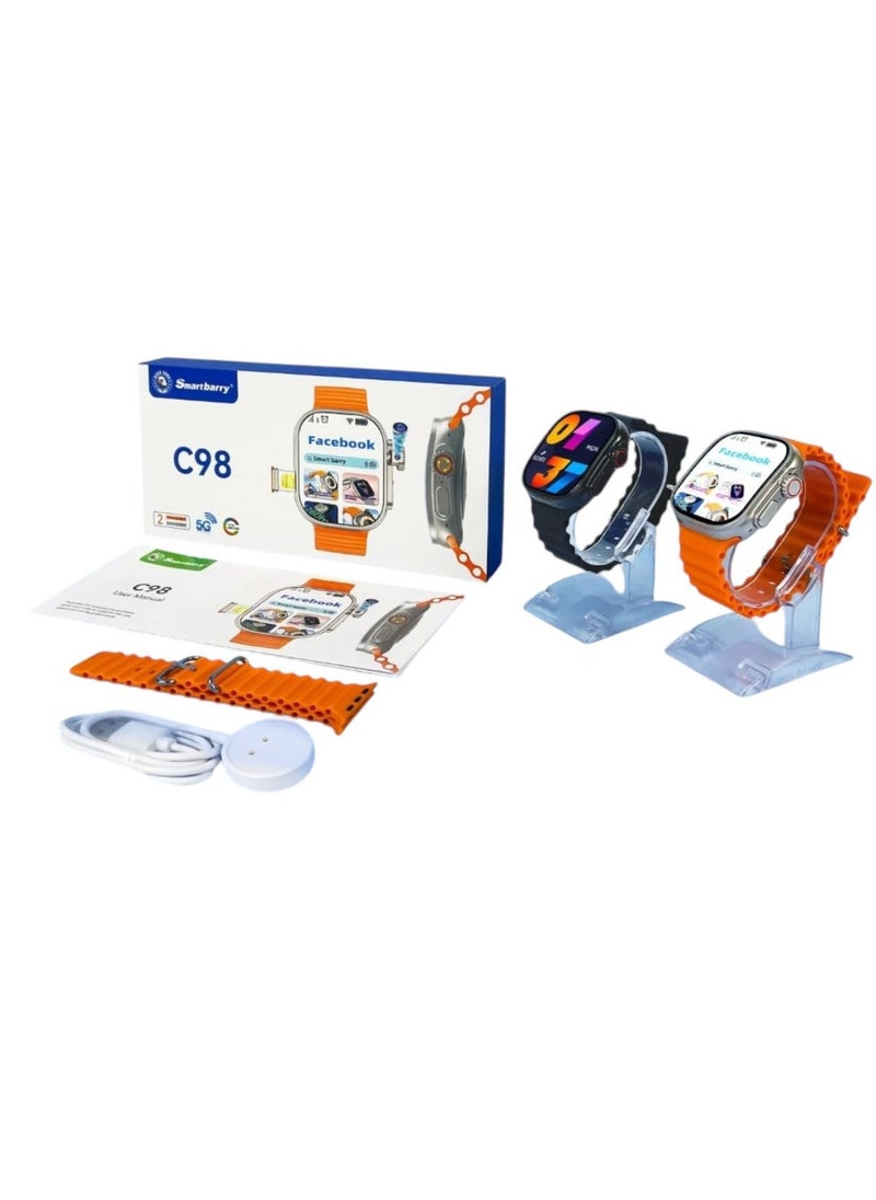 C96 Ultra Android Smartwatch With Sim and 6Gb Ram 64Gb Rom Rotating camera 2 set Strap - BLACK