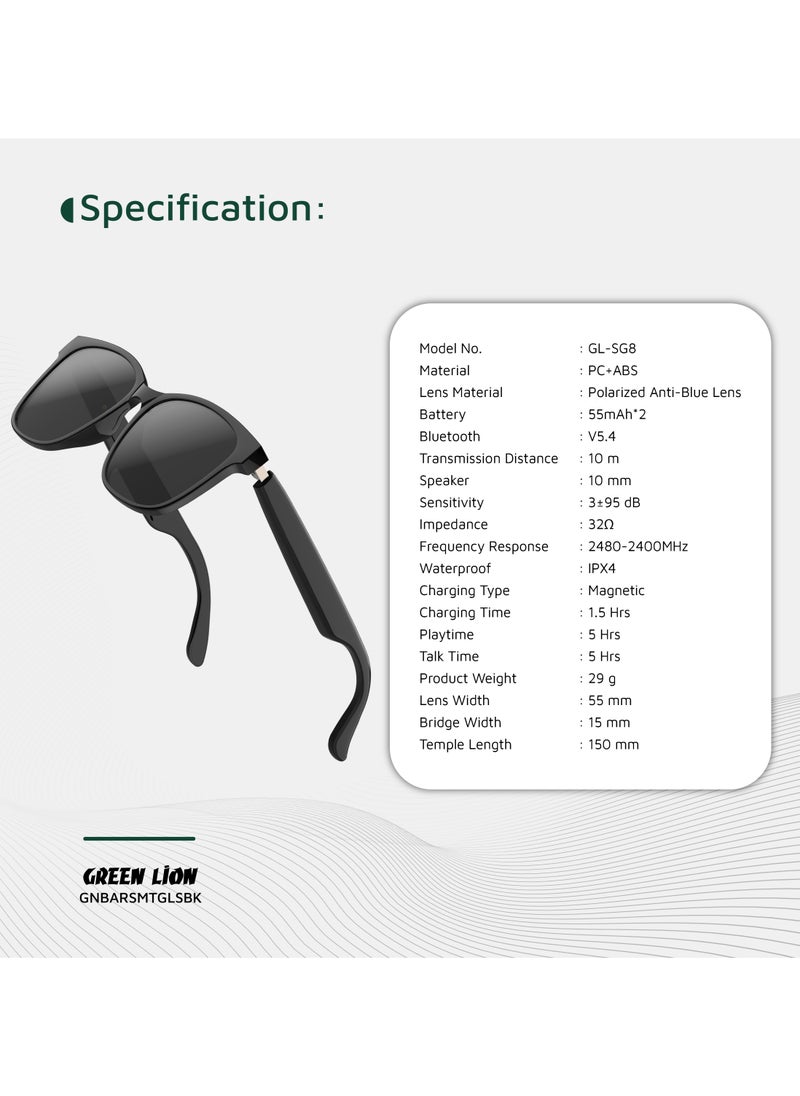 Smart Glasses Barcelona GL-SG8 / Play & Pause / Answer & Reject Calls / Polarized Anti-Blue Lens / Built-in Microphone / UV400 Protection / Voice Assistant / Remote Camera / Touch Control Smart Glass/ TWS Function - Black