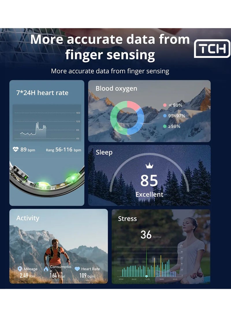 TCH Smart Ring R10 - Health & Fitness Tracker for Men and Women, Sleep Monitoring, Heart Rate, Oxygen, Pressure, Stress Tracking, Waterproof, 7 Days Battery Life Family Care Android+IOS