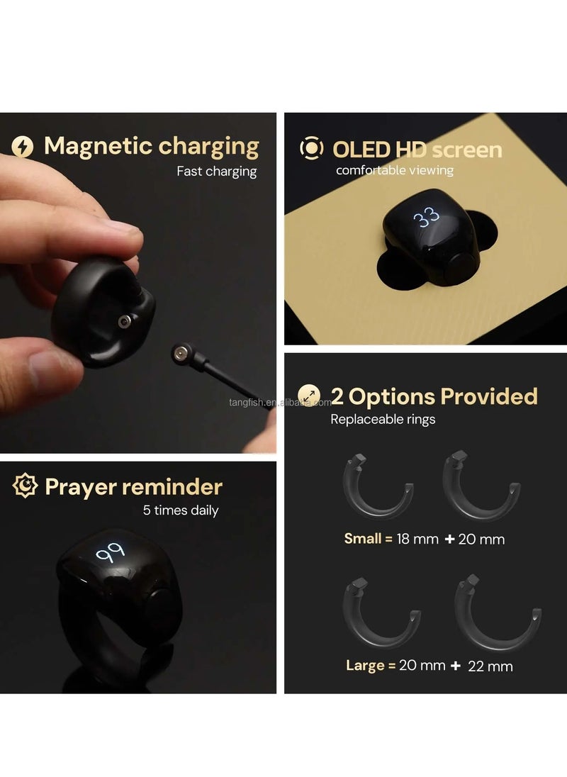 Smart Tasbih Counter Zikr Ring – Digital Tasbeeh Counter with OLED Display, App Support, Magnetic Charging, Waterproof Design, Prayer Reminder, Sleek Black – Modern Islamic Gadget for Daily Zikr & Prayer Tracking (20mm & 22mm)